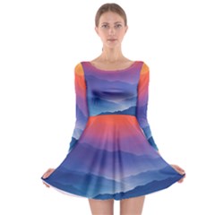 Valley Night Mountains Long Sleeve Skater Dress by Cemarart