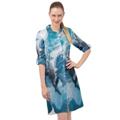 Dolphin Swimming Sea Ocean Long Sleeve Mini Shirt Dress by Cemarart