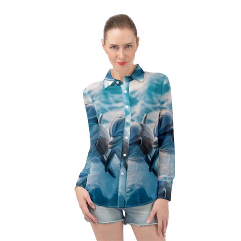 Dolphin Swimming Sea Ocean Long Sleeve Chiffon Shirt by Cemarart