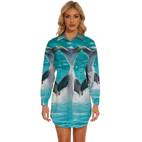 Dolphins Sea Ocean Womens Long Sleeve Shirt Dress by Cemarart