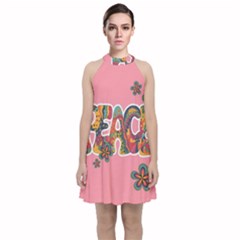 Flower Power Hippie Boho Love Peace Text Pink Pop Art Spirit Velvet Halter Neckline Dress  by Grandong