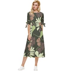 Flowers Leaves Plant Botanical Boho Bohemian Minimalist Nature Bow Sleeve Chiffon Midi Dress by Grandong