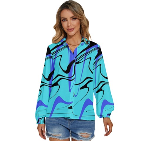 Mint Background Swirl Blue Black Women s Long Sleeve Button Up Shirt by Cemarart