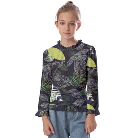 Leaves Floral Pattern Nature Kids  Frill Detail T-shirt by Cemarart