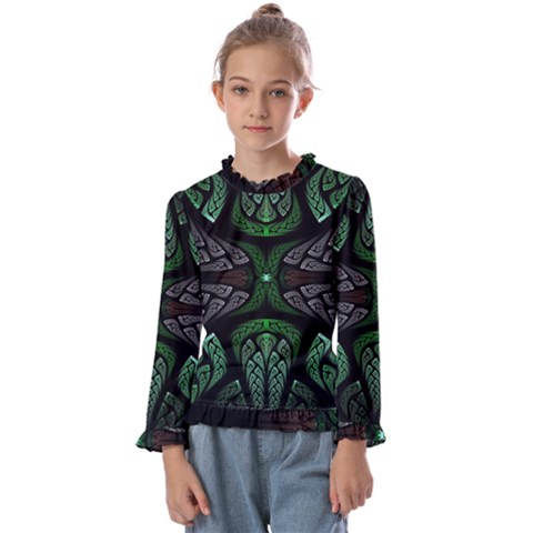 Fractal Green Black 3d Art Floral Pattern Kids  Frill Detail T-shirt by Cemarart