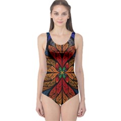 Fractal Floral Flora Ring Colorful Neon Art One Piece Swimsuit by Cemarart