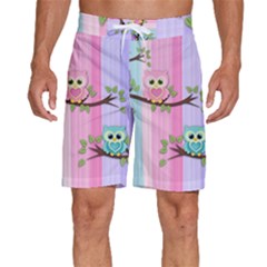 Owls Family Stripe Tree Men s Beach Shorts by Bedest