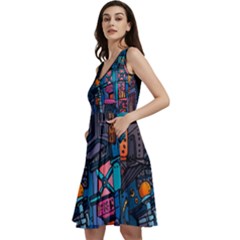 Wallet City Art Graffiti Sleeveless V-neck Skater Dress With Pockets by Bedest