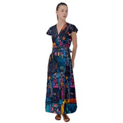 Wallet City Art Graffiti Flutter Sleeve Maxi Dress by Bedest