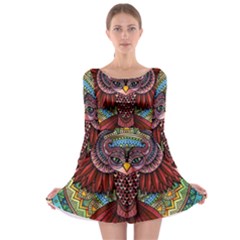 Colorful Owl Art Red Owl Long Sleeve Skater Dress by Bedest