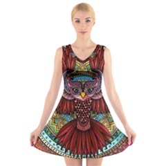 Colorful Owl Art Red Owl V-neck Sleeveless Dress by Bedest