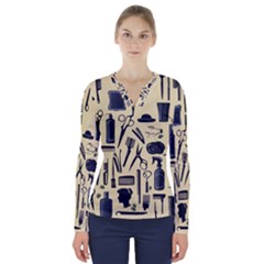 Elegant Hairdresser Pattern Cream V-neck Long Sleeve Top by TetiBright