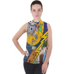 Astronaut Moon Monsters Spaceship Universe Space Cosmos Mock Neck Chiffon Sleeveless Top by Maspions