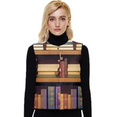 Book Nook Books Bookshelves Comfortable Cozy Literature Library Study Reading Room Fiction Entertain Women s Button Up Puffer Vest by Maspions