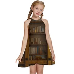 Books Book Shelf Shelves Knowledge Book Cover Gothic Old Ornate Library Kids  Halter Collar Waist Tie Chiffon Dress by Maspions