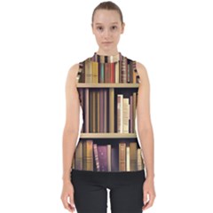 Books Bookshelves Office Fantasy Background Artwork Book Cover Apothecary Book Nook Literature Libra Mock Neck Shell Top by Grandong