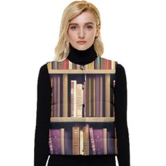 Books Bookshelves Office Fantasy Background Artwork Book Cover Apothecary Book Nook Literature Libra Women s Button Up Puffer Vest by Grandong