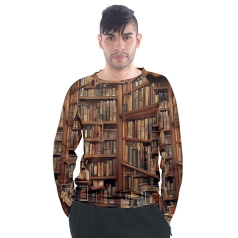 Room Interior Library Books Bookshelves Reading Literature Study Fiction Old Manor Book Nook Reading Men s Long Sleeve Raglan T-shirt by Grandong