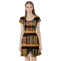 Room Interior Library Books Bookshelves Reading Literature Study Fiction Old Manor Book Nook Reading Short Sleeve Skater Dress by Grandong