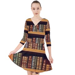 Room Interior Library Books Bookshelves Reading Literature Study Fiction Old Manor Book Nook Reading Quarter Sleeve Front Wrap Dress by Grandong