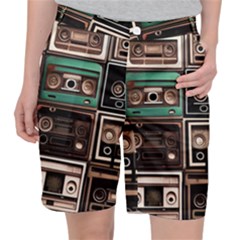 Retro Electronics Old Antiques Texture Wallpaper Vintage Cassette Tapes Retrospective Women s Pocket Shorts by Grandong