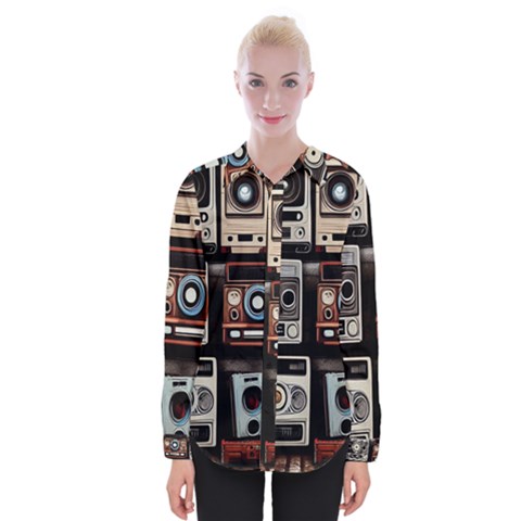 Retro Cameras Old Vintage Antique Technology Wallpaper Retrospective Womens Long Sleeve Shirt by Grandong