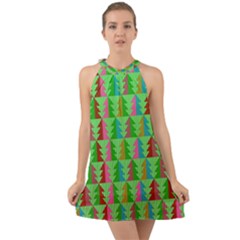 Trees Pattern Retro Pink Red Yellow Holidays Advent Christmas Halter Tie Back Chiffon Dress by Maspions