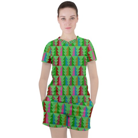 Trees Pattern Retro Pink Red Yellow Holidays Advent Christmas Women s T-shirt And Shorts Set by Maspions