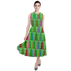 Trees Pattern Retro Pink Red Yellow Holidays Advent Christmas Round Neck Boho Dress by Maspions