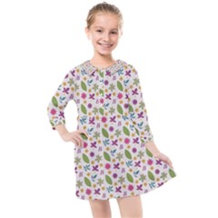 Pattern Flowers Leaves Green Purple Pink Kids  Quarter Sleeve Shirt Dress by Maspions