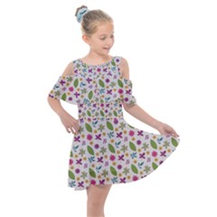 Pattern Flowers Leaves Green Purple Pink Kids  Shoulder Cutout Chiffon Dress by Maspions