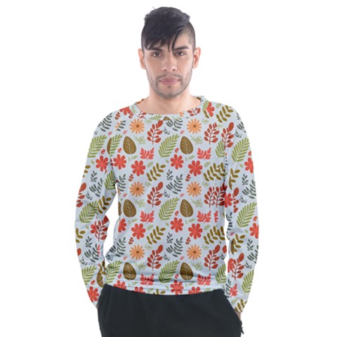 Background Pattern Flowers Design Leaves Autumn Daisy Fall Men s Long Sleeve Raglan T-shirt by Maspions