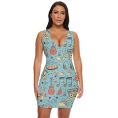 Seamless Pattern Musical Instruments Notes Headphones Player Draped Bodycon Dress by Apen