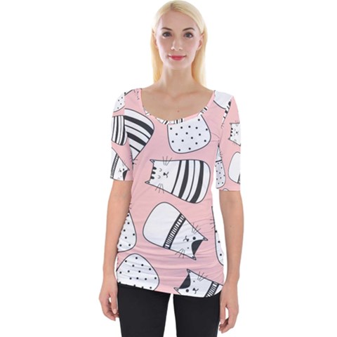 Cute Cats Cartoon Seamless-pattern Wide Neckline T-shirt by Apen