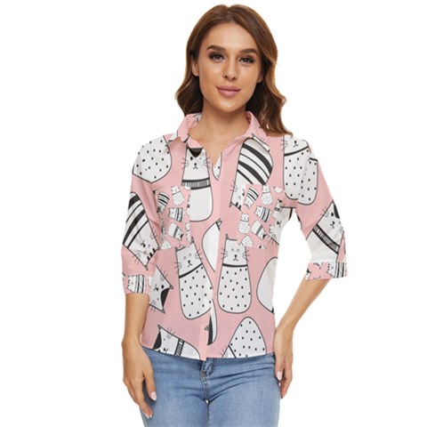 Cute Cats Cartoon Seamless-pattern Women s Quarter Sleeve Pocket Shirt by Apen