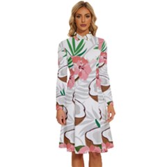 Seamless Pattern Coconut Piece Palm Leaves With Pink Hibiscus Long Sleeve Shirt Collar A-line Dress by Apen