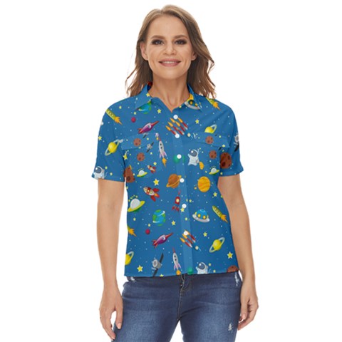 Space Rocket Solar System Pattern Women s Short Sleeve Double Pocket Shirt by Apen