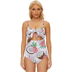 Seamless Pattern Coconut Piece Palm Leaves With Pink Hibiscus Knot Front One-piece Swimsuit by Apen