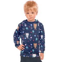 Cute Astronaut Cat With Star Galaxy Elements Seamless Pattern Kids  Hooded Pullover by Apen