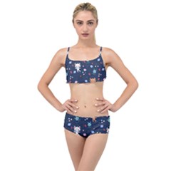 Cute Astronaut Cat With Star Galaxy Elements Seamless Pattern Layered Top Bikini Set by Apen