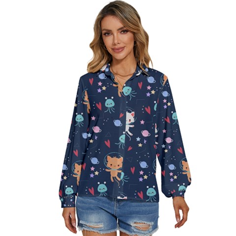 Cute Astronaut Cat With Star Galaxy Elements Seamless Pattern Women s Long Sleeve Button Up Shirt by Apen