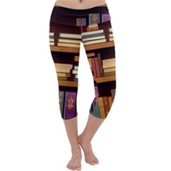 Book Nook Books Bookshelves Comfortable Cozy Literature Library Study Reading Room Fiction Entertain Capri Yoga Leggings by Maspions