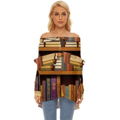 Book Nook Books Bookshelves Comfortable Cozy Literature Library Study Reading Room Fiction Entertain Off Shoulder Chiffon Pocket Shirt by Maspions