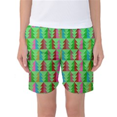 Trees Pattern Retro Pink Red Yellow Holidays Advent Christmas Women s Basketball Shorts by Maspions