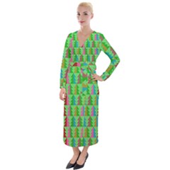 Trees Pattern Retro Pink Red Yellow Holidays Advent Christmas Velvet Maxi Wrap Dress by Maspions