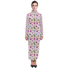 Pattern Flowers Leaves Green Purple Pink Turtleneck Maxi Dress by Maspions