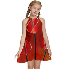 Flowers Red Kids  Halter Collar Waist Tie Chiffon Dress by Askadina