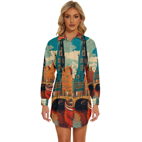 London England Bridge Europe Buildings Architecture Vintage Retro Town City Womens Long Sleeve Shirt Dress by Maspions