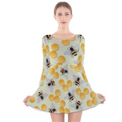 Bees Pattern Honey Bee Bug Honeycomb Honey Beehive Long Sleeve Velvet Skater Dress by Bedest