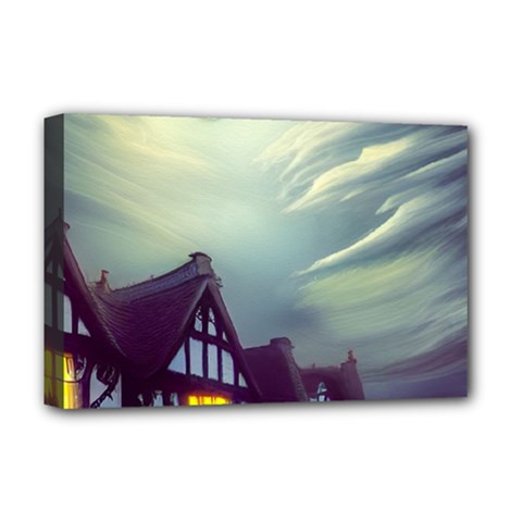 Village Moon Cloudy Historical Tudor Architecture Houses Town Night Windows City Deluxe Canvas 18  X 12  (stretched) by Posterlux